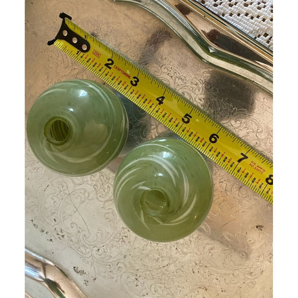 Vintage MCM Art Glass Vase Pair | Murano-Style Filigrana | Olive Green - Picture 6 of 7